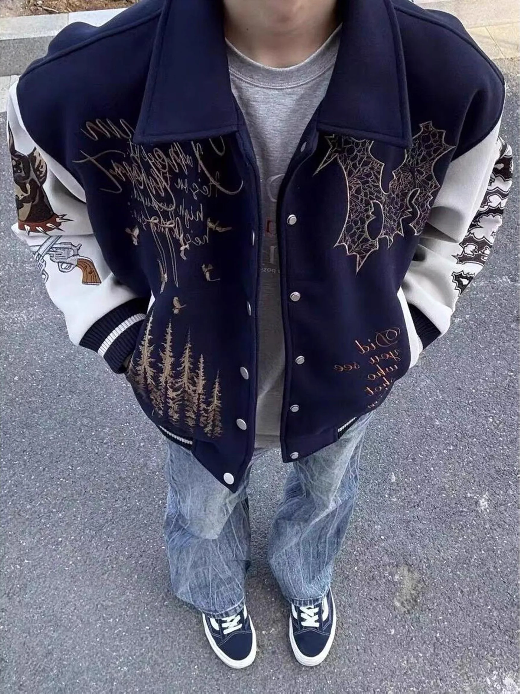 

Мужская осенне-зимняя куртка-бомбер из твида с вышивкой, в американском уличном стиле, свободного кроя, из полиэстера