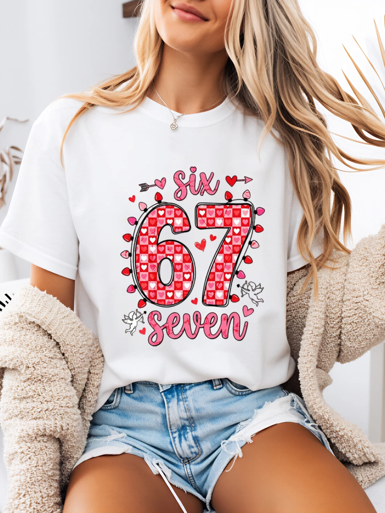 

Six Seven 67 Valentine's Day Printed T-Shirt Women Casual Wear Valentine Party White Plus-Size