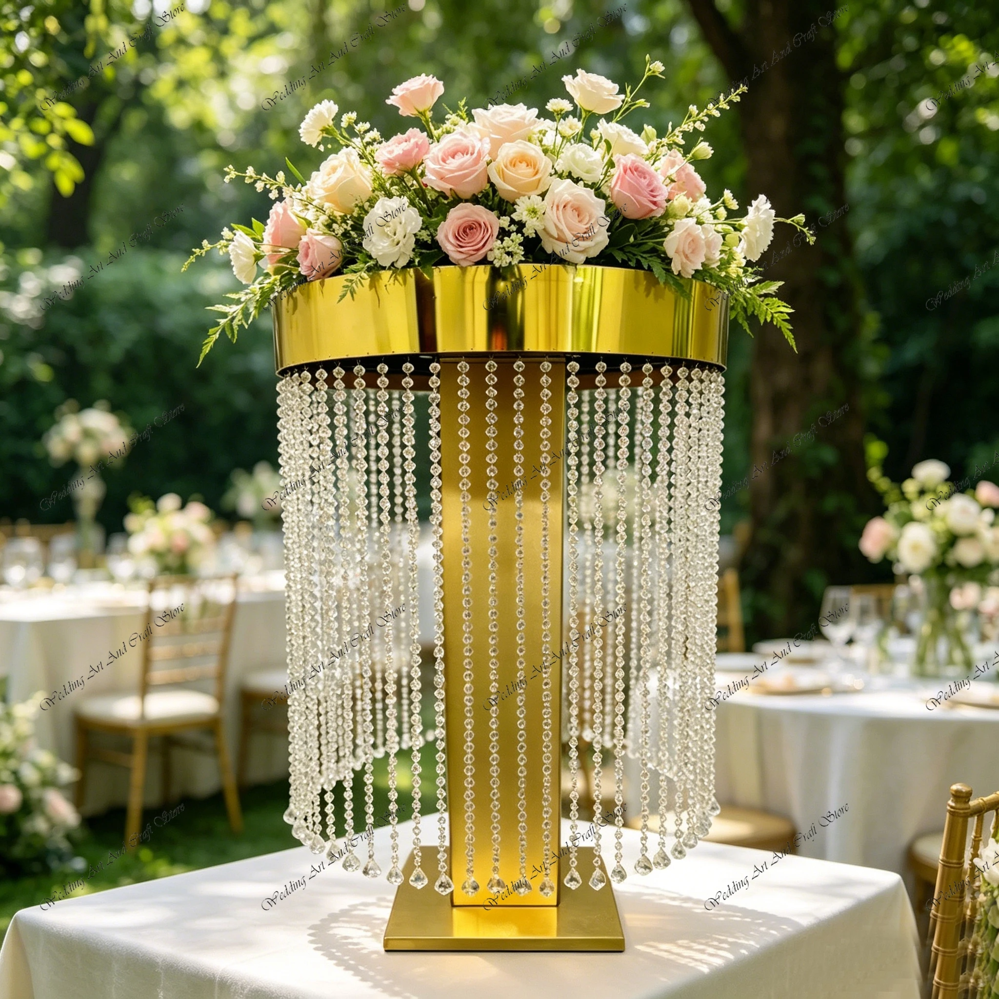 

4pcs f30 80-120cm Gold Metal Round Flower Stand Wedding Stainless Steel Table Flower Stand Centerpiece with Pendant ivy1131