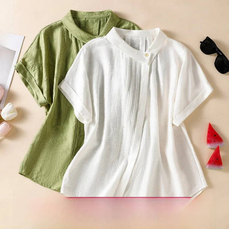 

Summer Cotton Linen Embroidered Asymmetric Collar Women's Shirt Short Sleeve Pure Color Top Loose Fit Cool Sensation Thin Fabric