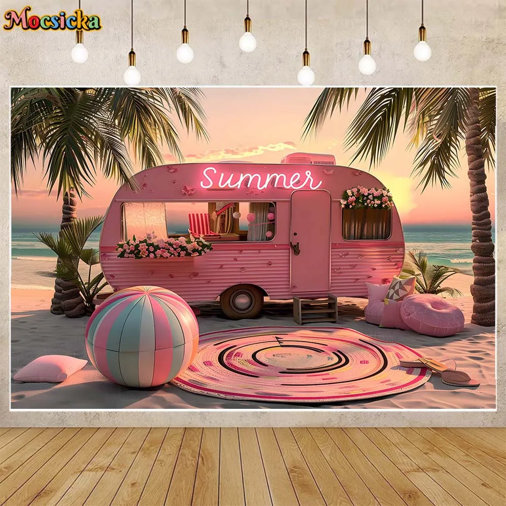 Mocsicka Summer Backdrop Photography Beach Sunset Pink Van Palm Tree Tropical Holiday Photo Background for Studio Shooting Props