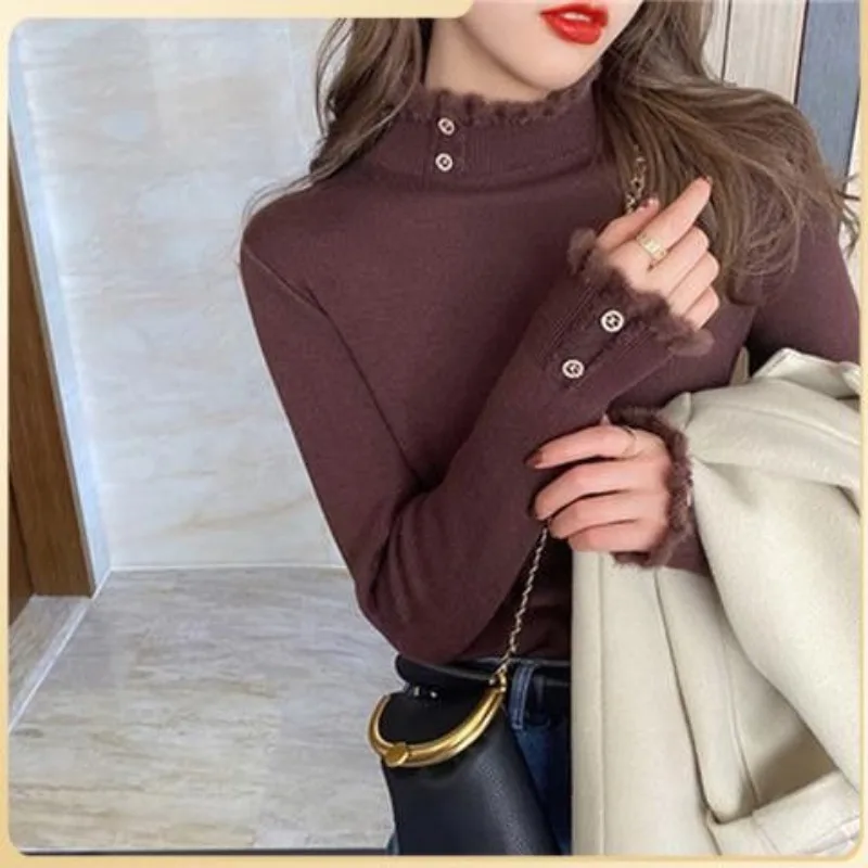 

Aesthetic Solid Color Long Sleeve Pullover Sweater Knitted Button Women's Clothing Autumn Winter Half High Collar Flocking Tops