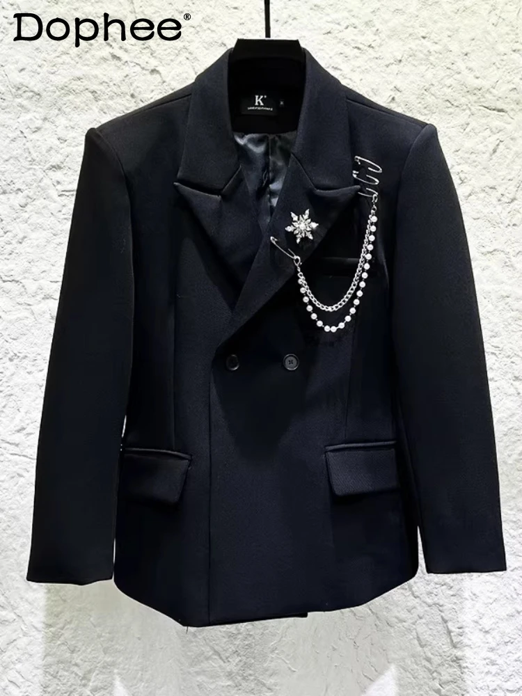 

2026 Men's Spring New Trendy Fashion High-end Suit Jackets Fashion Metal Chain Decoration Tailored Coats Double-breasted Blazers