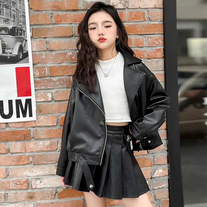 Girls Outerwear Spring and Autumn Korean Edition Leather Jacket Stylish Casual Daily Temperament Versatile Wear