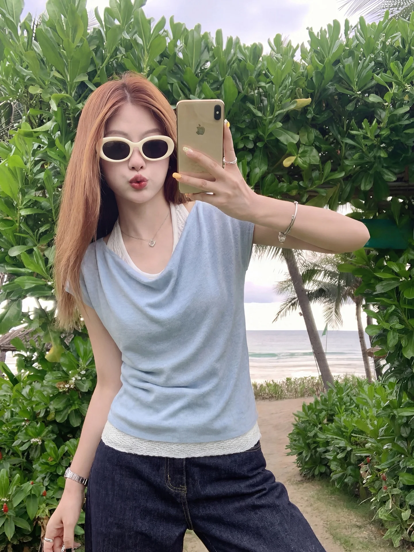 

Korean Style Knitted Short Sleeve T-Shirt Women Summer Slimming Design Fake Two-Piece Hanging Neck Casual Commute Fashion