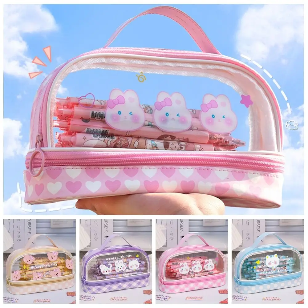 PU Cartoon Pencil Bag Cartoon Bear Chessboard Pattern Transparent Stationery Bag Korean Style Transparent