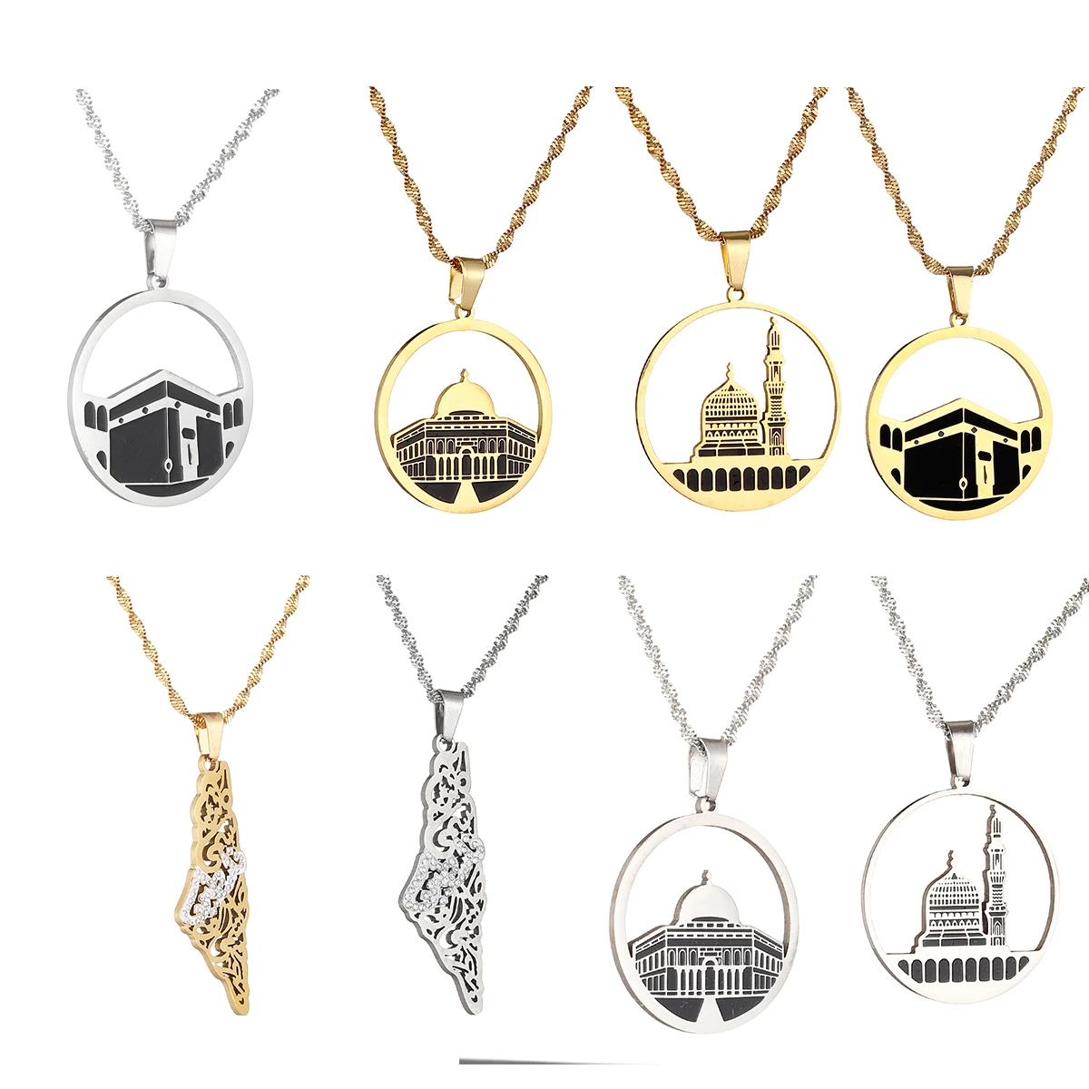 Stainless Steel Al Aqsa Mosque Pendant Necklace Ethnic Keffiyeh Islamic Charm Jewelry Gift For Women Men