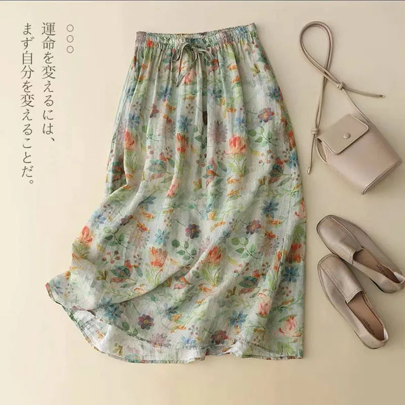 Vintage Printed Long Skirt Cotton Linen Floral Elasticated Waist Tie Skirts Summer Flowing Literary Artistic Forest Women' Skirt
