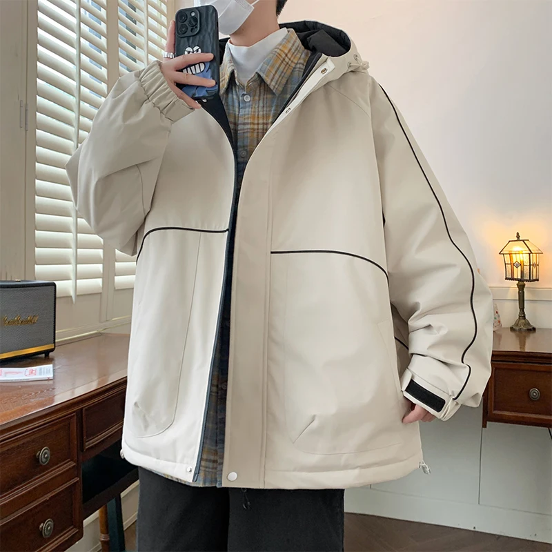 M-8XL men's casual jacket, 2024 Autumn/Winter color contrast cotton padded jacket, hooded warm simple large size loose padded ja