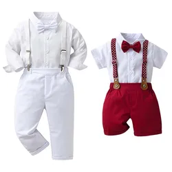 Baby Boy White Clothes Set Bebe Formal Christening Gentleman Suit Long Cotton T-Shirt+Overall Pants Clothing for Toddler Boy 3PC