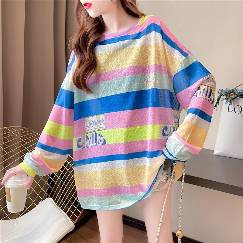 #0643 Sunscreen T Shirt Clorful Stirped Tshirt Long Sleeve Loose Thin Perspective T-Shirt Femme Beach Streetwear Tee Summer 2023