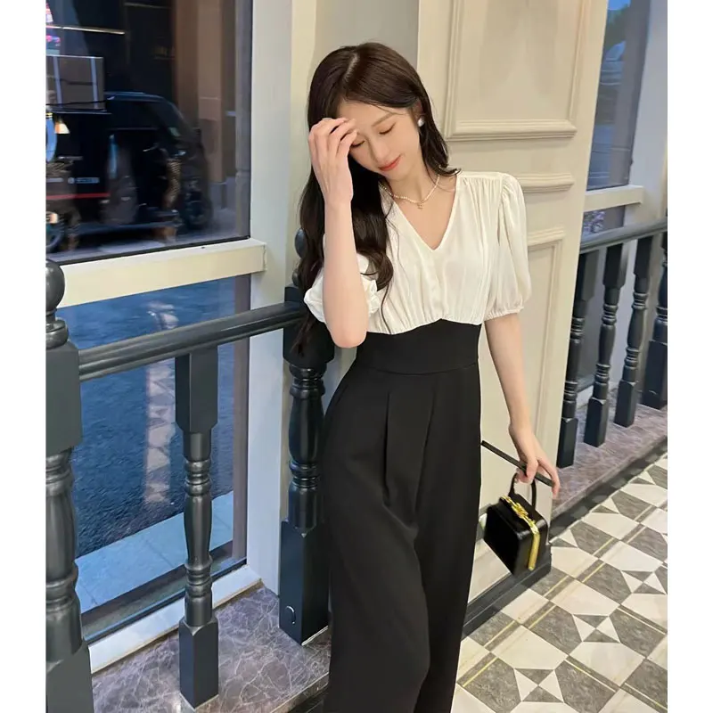 

Elegant Straight Leg One-Piece Pants Women's High Waist Long Pants Commute Style Patchwork Polyester Wide Leg Trousers