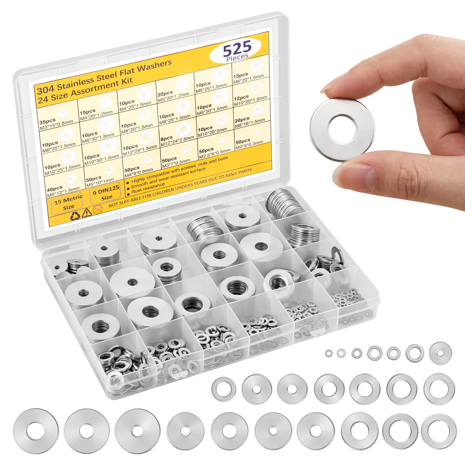 Metric Flat Washer Assortment 525 PCS 304 Stainless Steel Washers M2 M2.5 M3 M4 M5 M6 M8 M10 #12 Hardware Kit Organizer Box