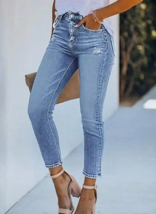 

2026 Summer New Fashionable Casual Washed Outdated Solid Color Single Breasted Front Pierced Low Waist Women's Small Leg Jeans