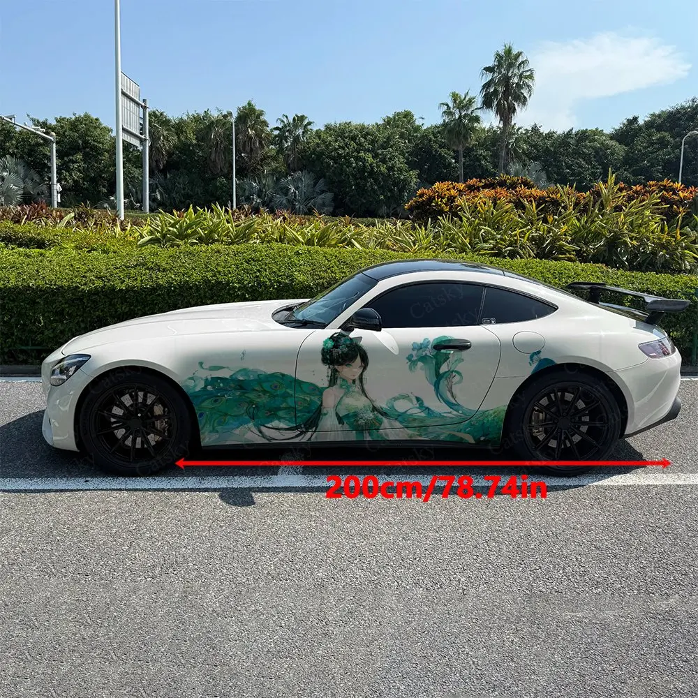 2pcs Cyan Peacock Ink Wash Girl Car Side Wraps, Self-Adhesive PVC Waterproof & Scratch-Resistant Stickers, Car Accessory Gift