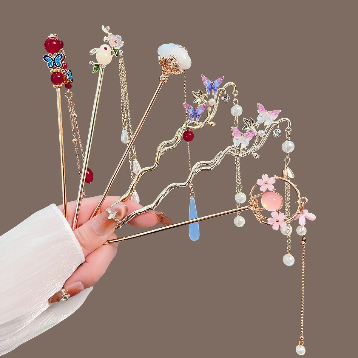 Ancient Simple Hairpins New Chinese Style Long Tassel Hair Sticks Elegant Flower Pearl Butterfly Designs Hair Accesoories image 2
