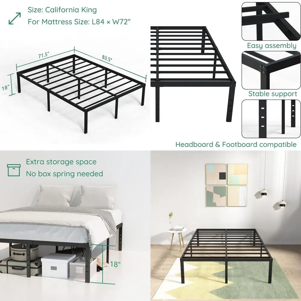 

Металлическая кровать-платформа California King, 18 дюймов высотой - усиленная конструкция, удобное хранение, простая сборка, бесшумная, черная