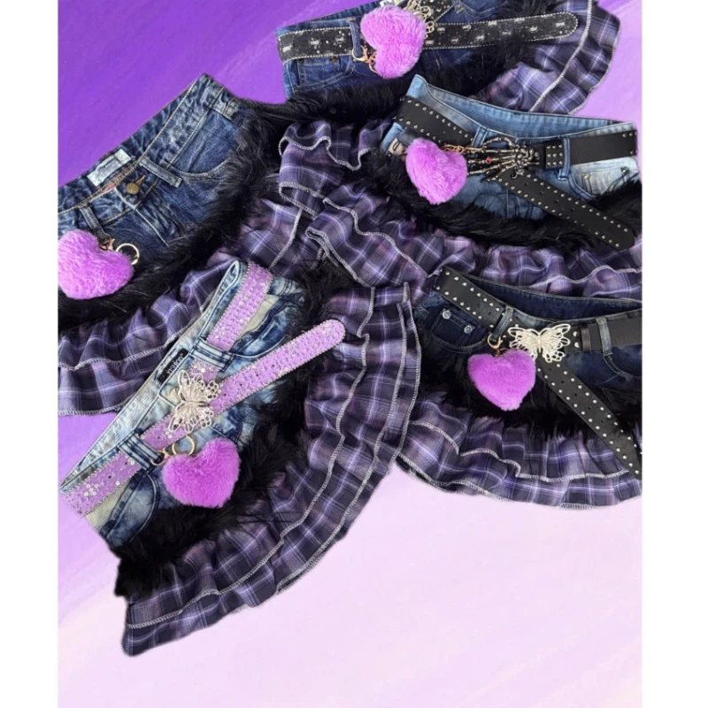 Purple Y2K Patchwork Plaid JK Skirt Women Vintage Millennial Hot Girl Style Denim Skirts Korea Causal Music Festival Outfits New