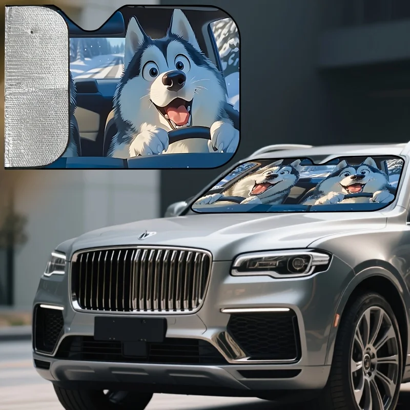 Adorable Husky Car Sunshade For The Front Window – Playful Animal Pattern Vehicle Sun Shield, UV, Maintains Cabin Coolness, Idea