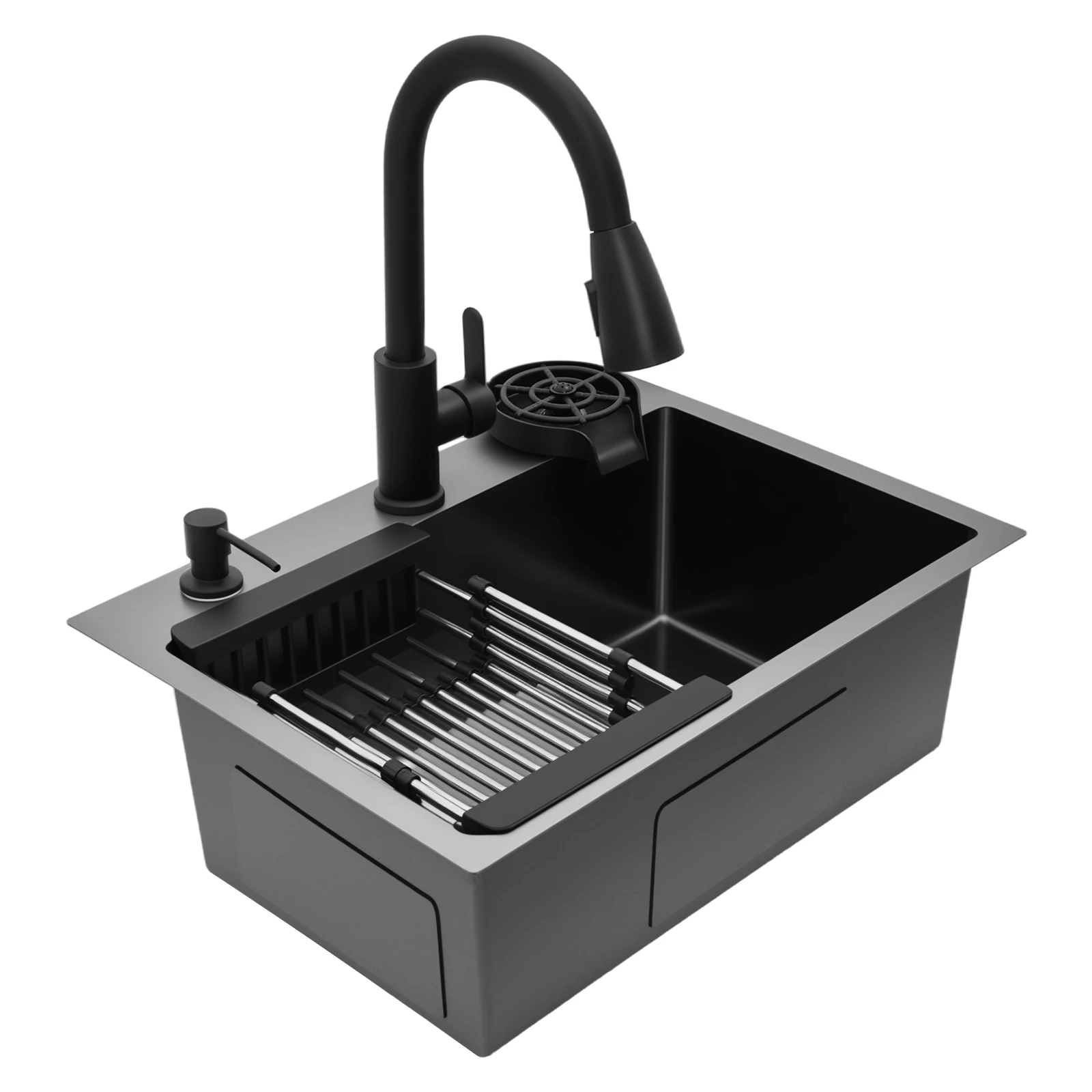

Single Bowl Stainless Steel Sink with Pull Down Sprayer Faucet, Drain Basket & Soap Dispenser, Drop In Sink Workstation