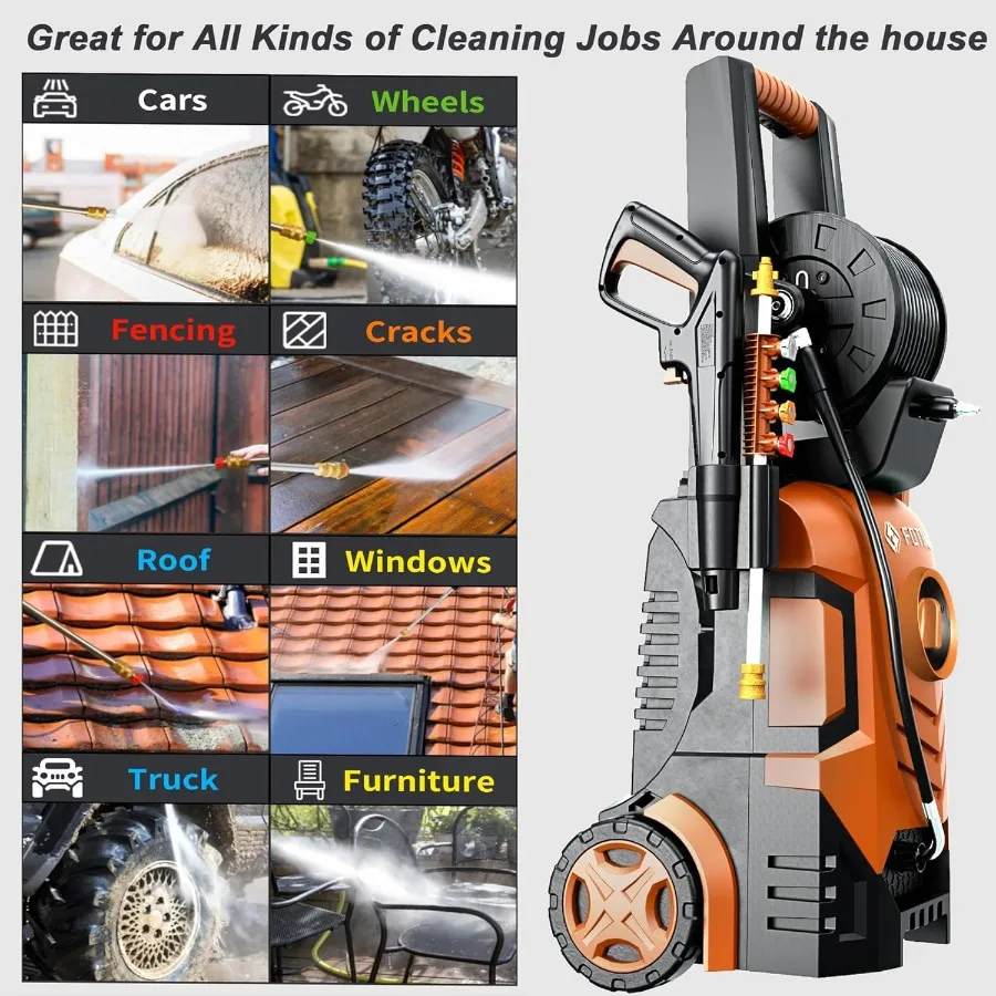 2025 غسالة الضغط العالي الجديدة 4800PSI مع تصميم طويل القامة 34 بوصة 4 فوهات توصيل سريعة خرطوم مدخل وفلتر 500 مل معرف مدفع الرغوة #4