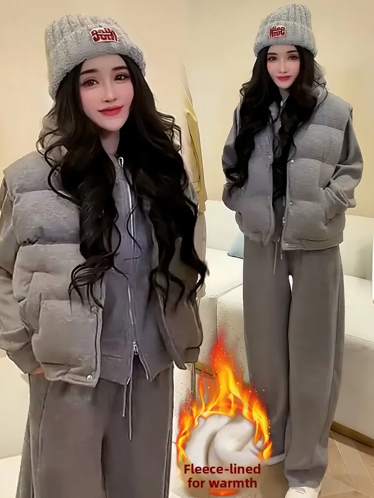 

Комплект повседневной спортивной одежды Ele: женский, зимний, 2026, новый, универсальный, худи, спортивные брюки, жилет, футболка, комплект из трех предметов, с длинным рукавом, на молнии