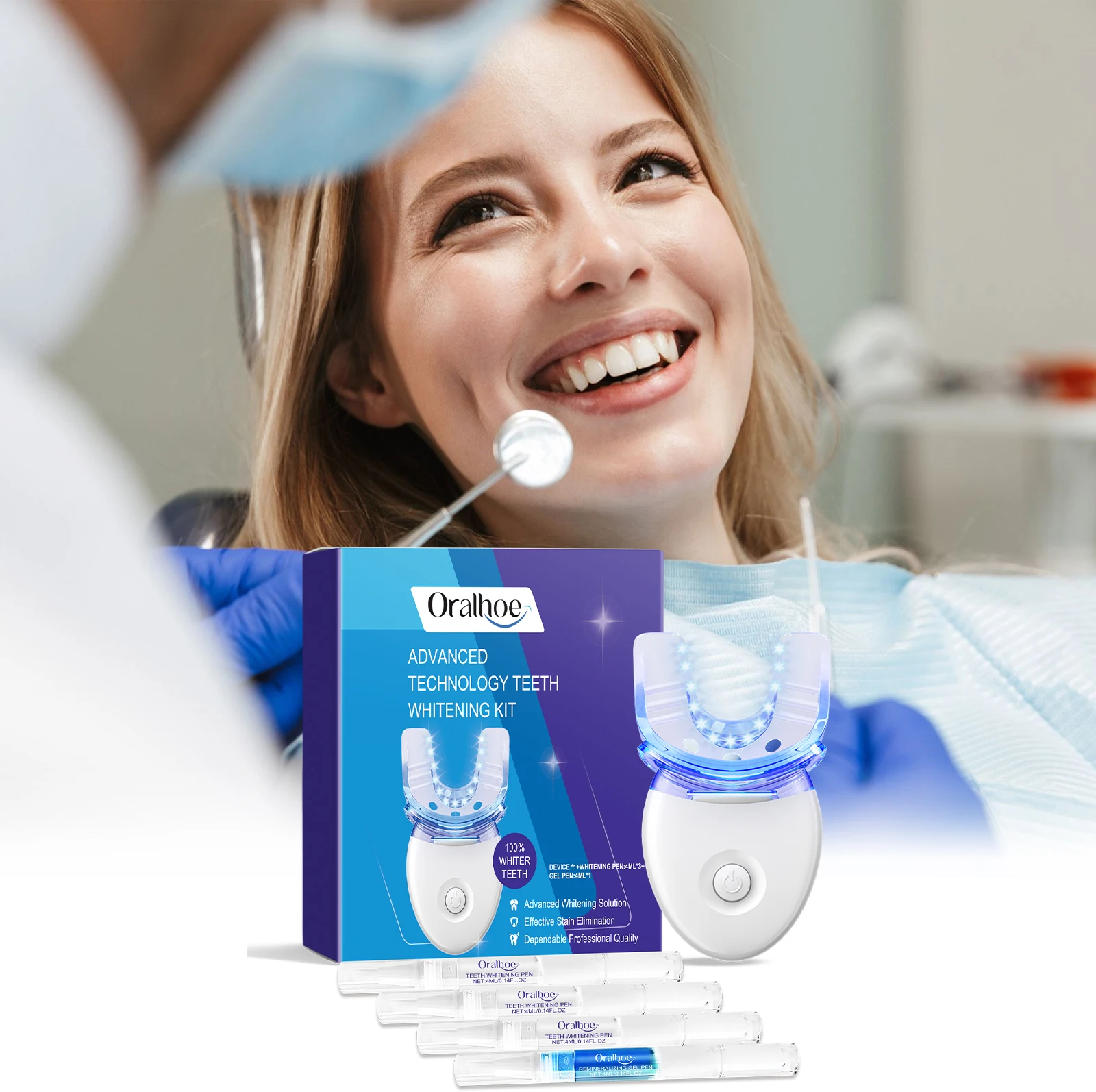 Professional Teeth Whitening LED Light Kit with 4X Whitening Gel Accelerated Whitening System Blue Light Tool for White Smile