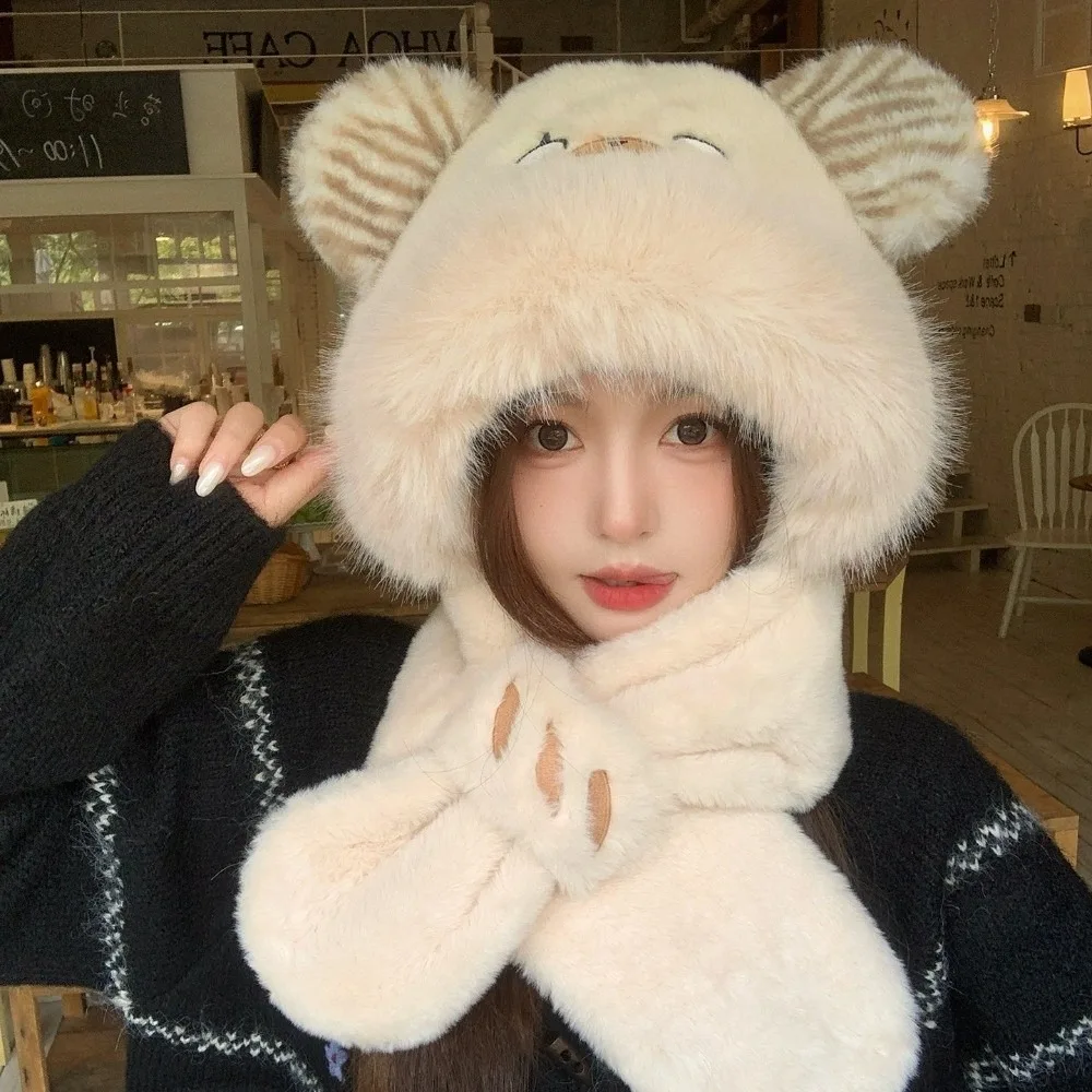 2 Piece Polyester Hat Scarf Set 56cm-60cm Head Circumference Ear Flap Winter Hat Scarf Thick Insulation Warm Lining