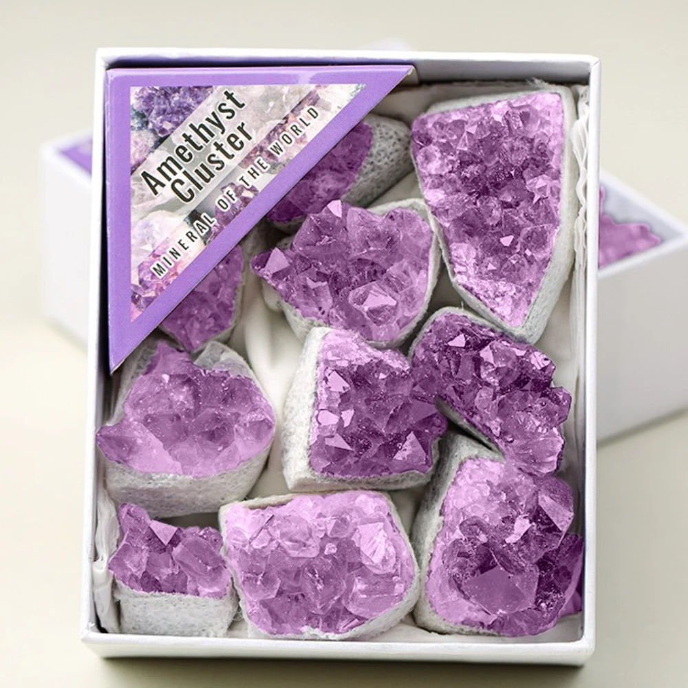 1 boîte de cristaux d'améthyste 9 pièces de cristaux d'améthyste en boîte, cadeaux spirituels idéaux pour femmes pour la méditation, le sommeil de la paix et la guérison