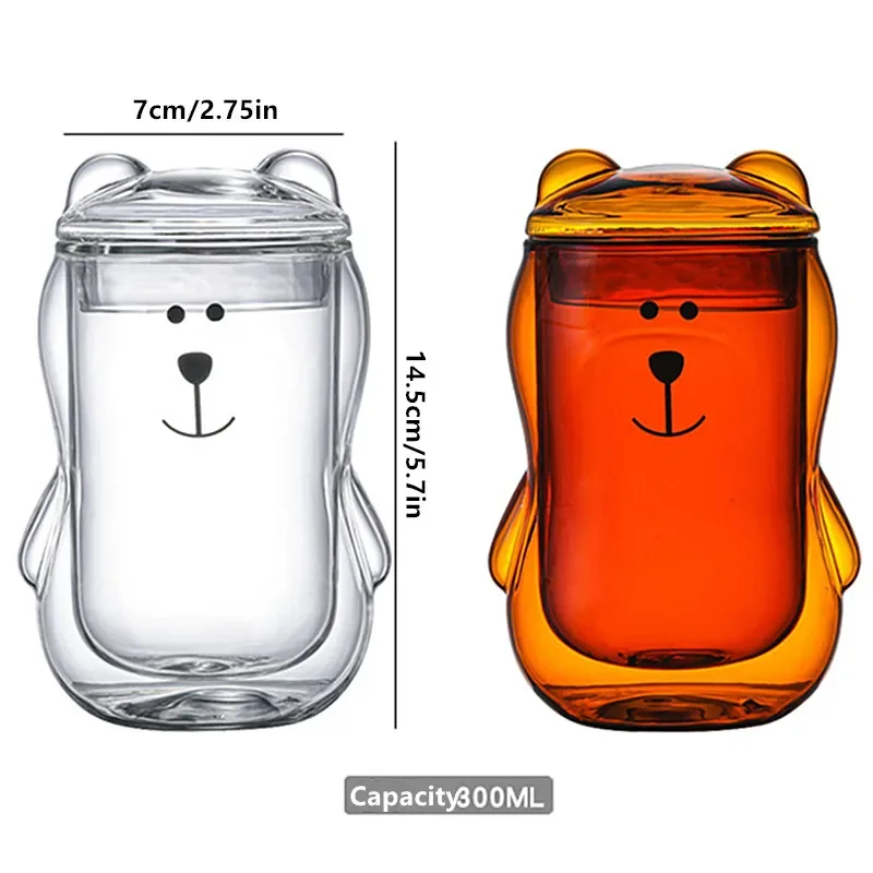 250ML Cute Cartoon Coffee Cup With Lid Transparent Double Gift Personalized Amber Bear Glass Mug Creative