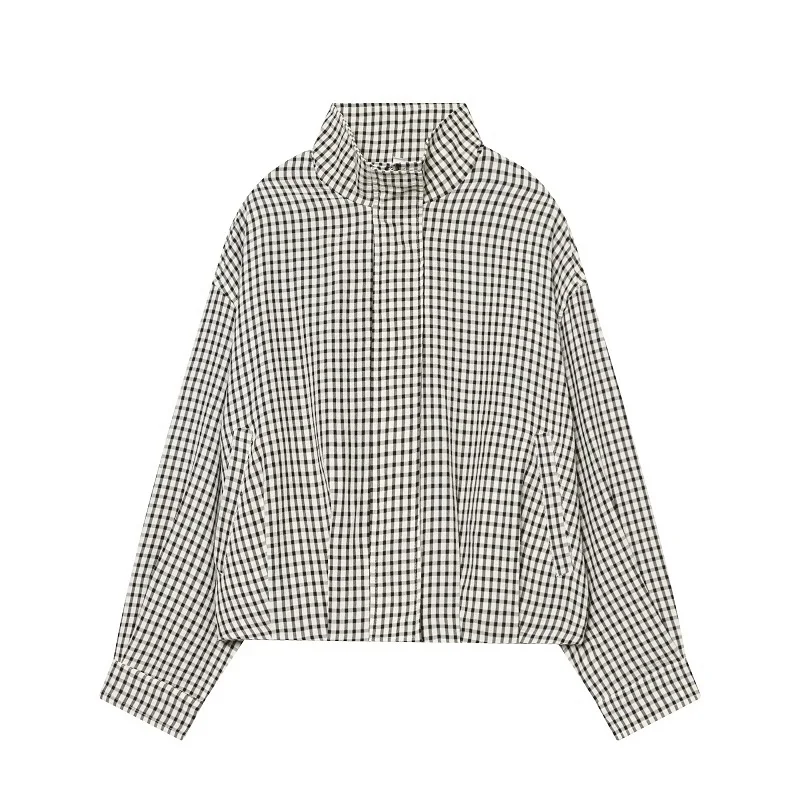 HXAO Karierte Damen-Bomberjacke für die Übergangsjahreszeiten, Langarm-Crop-Jacke, Schicke Oversize-Karierte Varsity-Jacke, Oberbekleidung