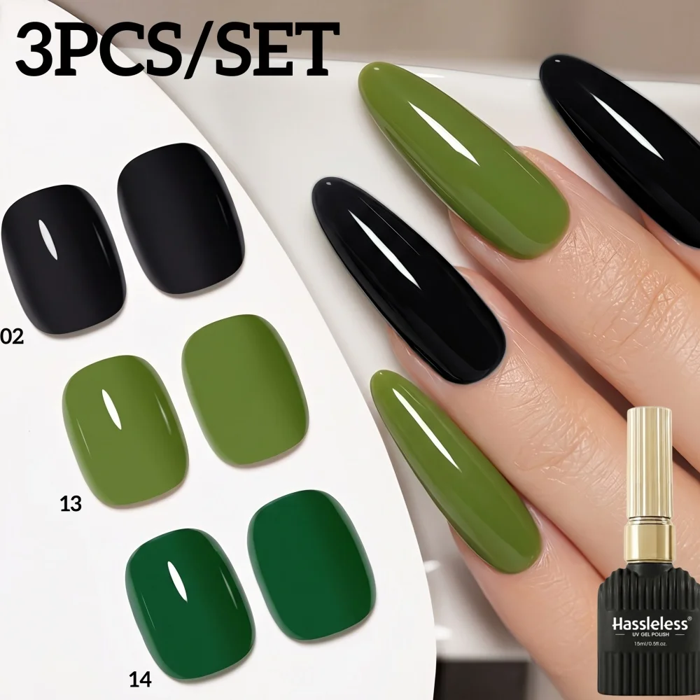 Hassleless Retro Green and Black Nail Polish Gel Set 3Pcs, Olive Green, Matcha Green, Mysterious Black, Trendy Retro Earth-Tone Nail Colors, Home DIY Nail Supplies, Autumn and Winter Fashion Nail Colors