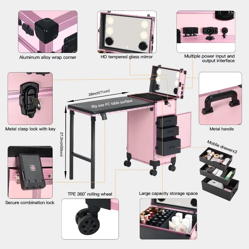 Portable Light Emitting Diode Nail Table with Bluetooth and Storage Foldable White Nail Station