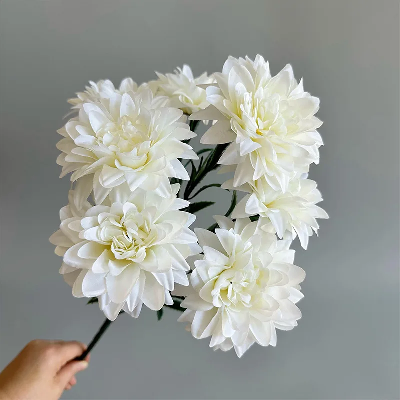 Ramo de Flores Artificiales de Dalia, Ramo de 7 Cabezas de Flores Artificiales para Decoración de Bodas, Escritorio, Habitación, Fiesta, Centro de Mesa, Decoración del Hogar