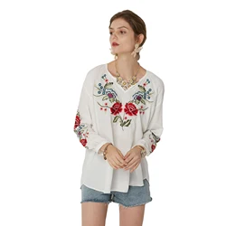 Eaeovni Women's Summer Embroidery Mexican Bohemian Cotton Tops Shirt Tunic Blouses woman tshirts