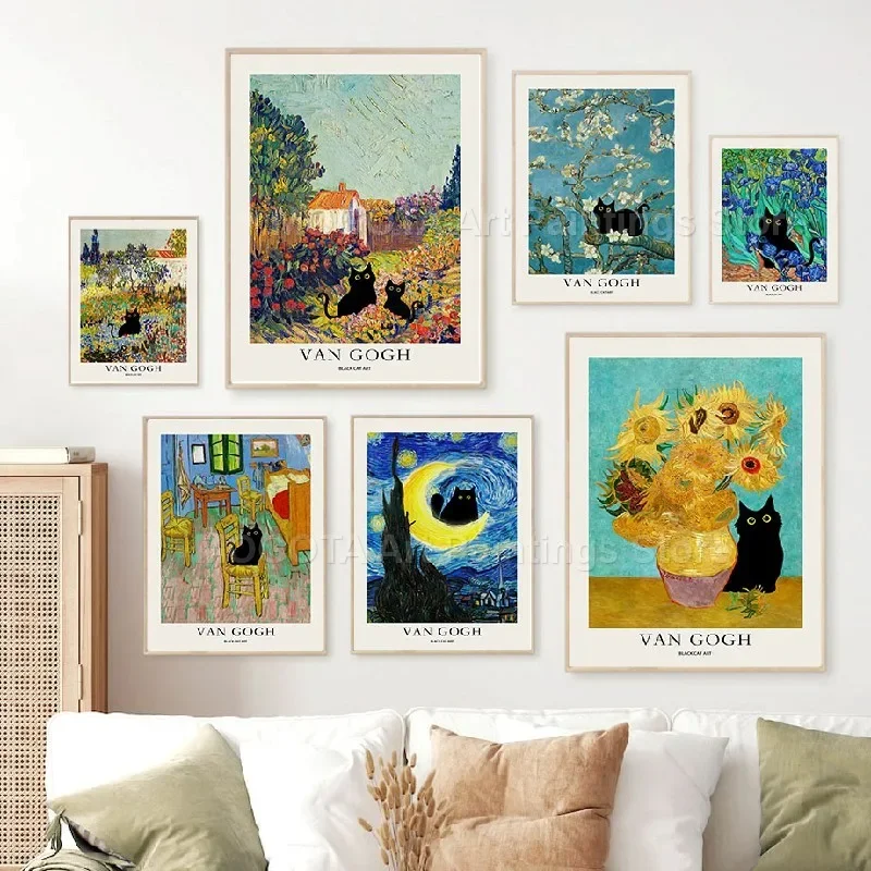 

Van Gogh Poster Sunflowers Garden The Starry Night Black Cat Gallery Wall Art Prints Canvas Painting Pictures Living Room Decor