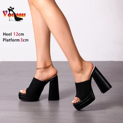 Summer Women Slippers 12CM Super High Heels Lady Knitting Slides Thick Platform Sandals Fashion Square Toe Outdoors Female Shoes