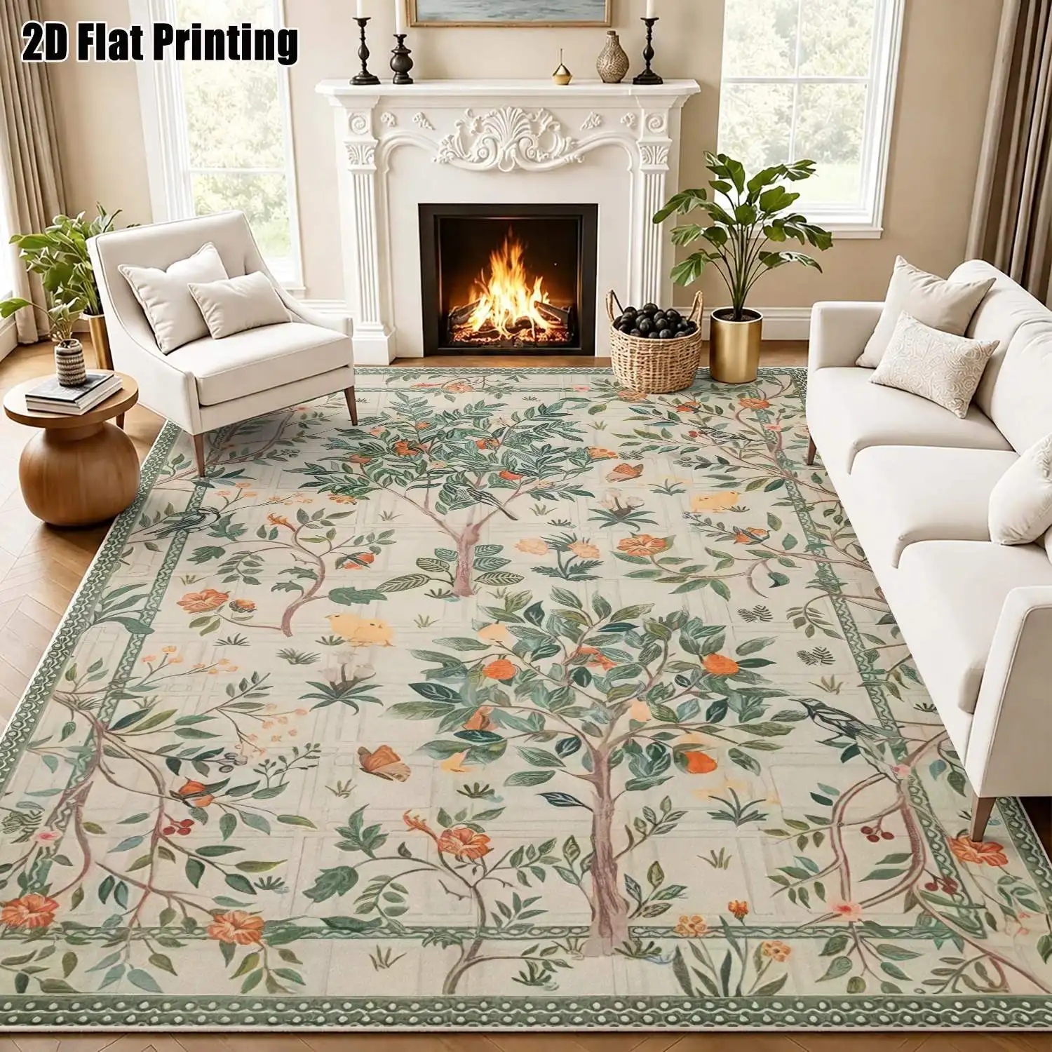 1Pc 2D Printed Carpet with Retro Flower, Bird, Leaf Patterns: Vintage, European-Style Floral Carpet for Home, Machine Washable, Multi-Size, Multi-Scene Use