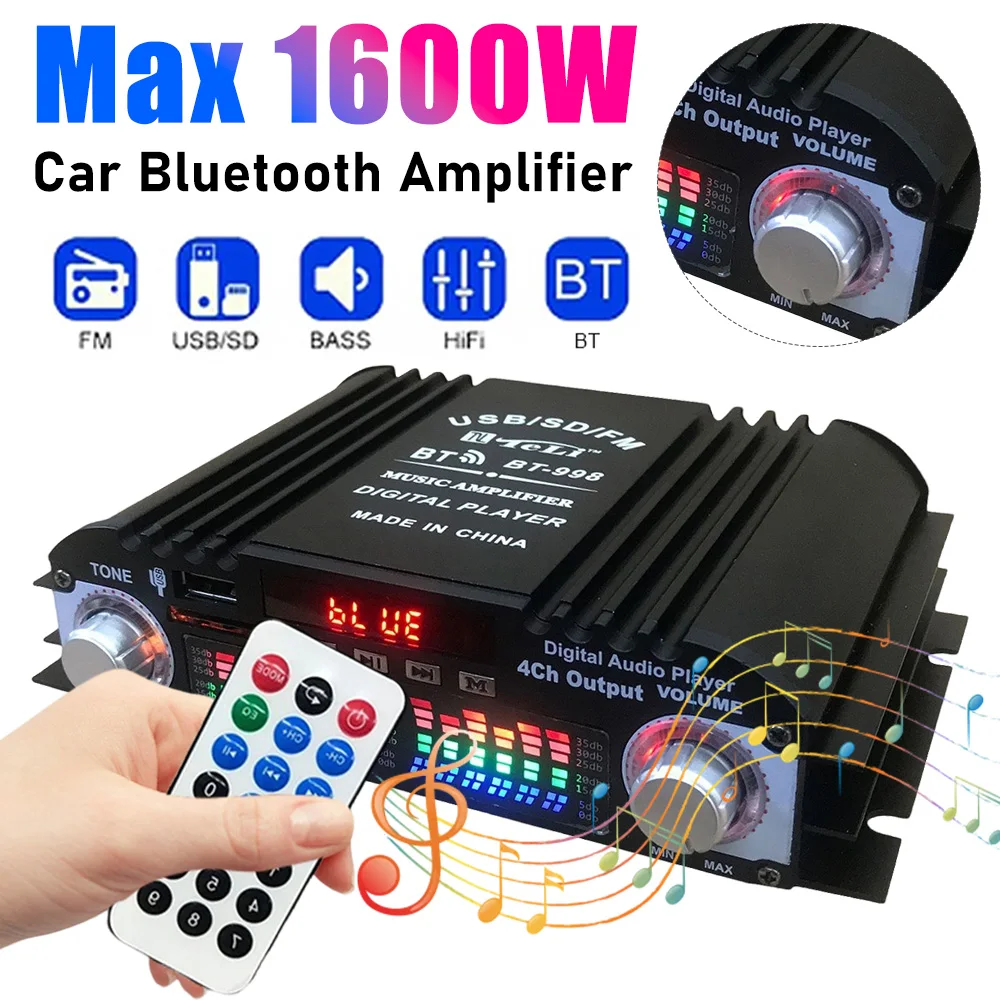 1600W Peak Power HiFi Sound Amplifier Remote Control Bluetooth-Compatible 4 Channel HiFi Stereo AMP Mini HIFI Digital Stereo Amp