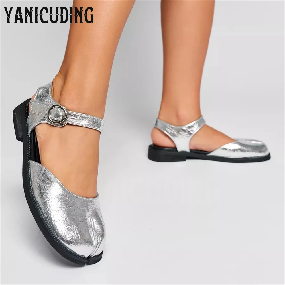 

Tabi Mary Jane Sandals for Women Silver Sparkle Leather Square Split Toe Leather Shoes Ankle Strap Square Buckle Novelty Flats