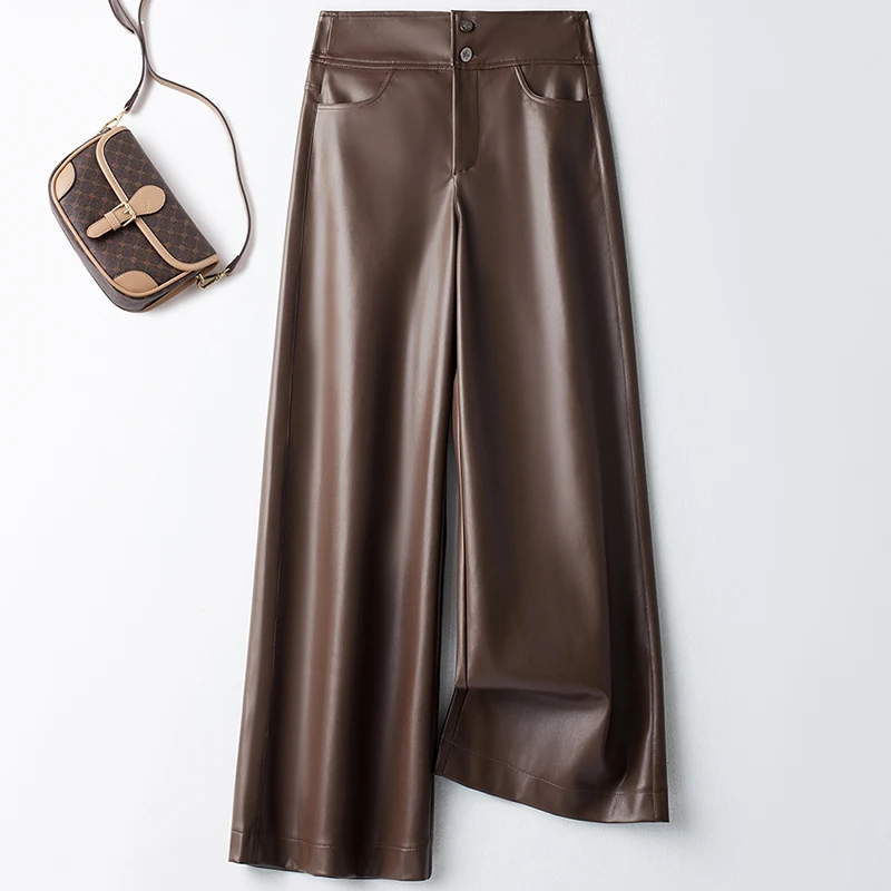 

Новые осенние кожаные брюки для женщин, прямые брюки с высокой талией, свободный крой, однотонные широкие универсальные повседневные брюки