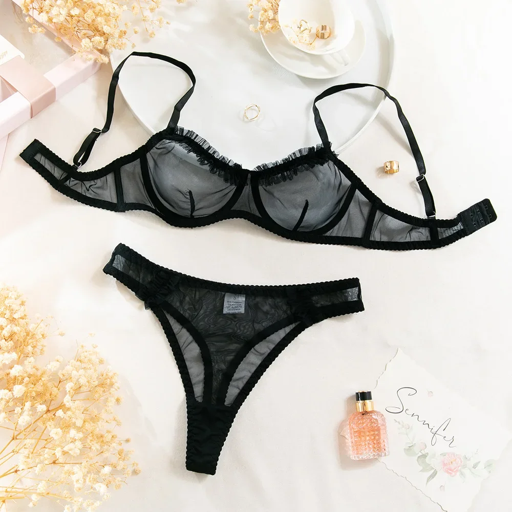 Mesh Bra Set Women 2-Piece Ruffle Ruched Bra + Panty Underwear Set Sheer Everyday Intimates