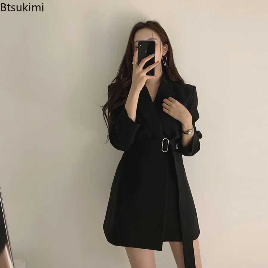 2025 chique vintage com cinto estilo coreano feminino casual ins terno jaqueta casaco longo fibra de poliéster manga cheia botão decoração