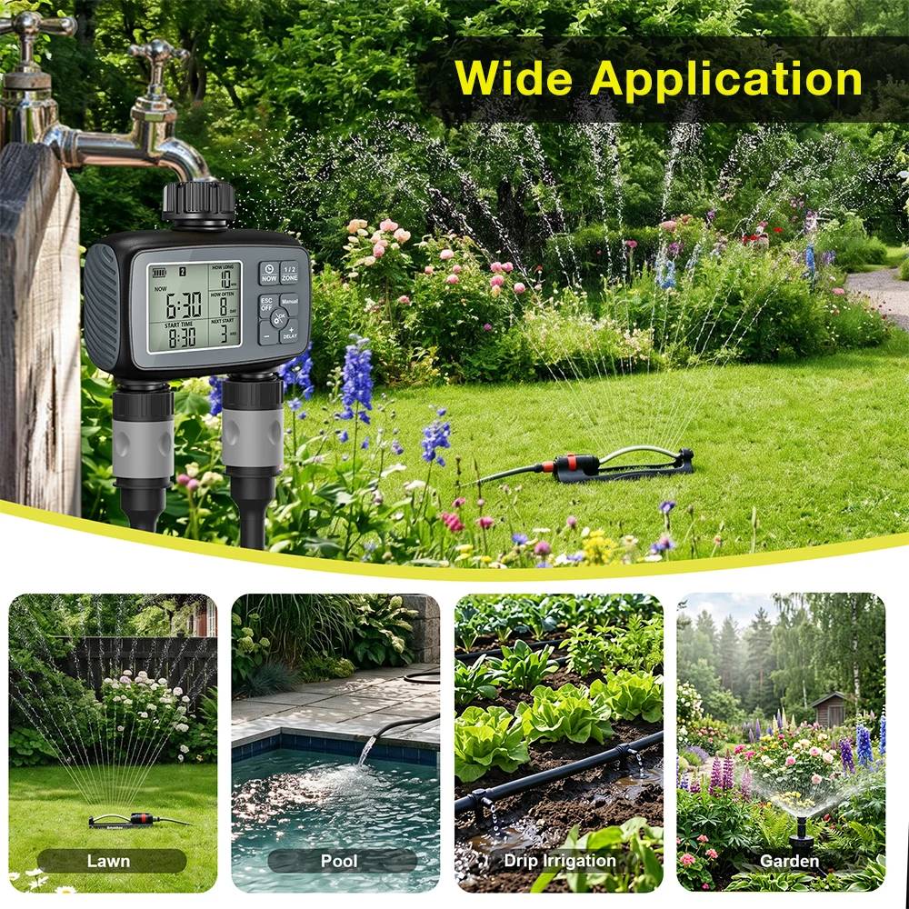 2-Outlet Water Timer Irrigation Sprinkler Automatic Watering System LCD Programmable Valve Timer IPX5 Waterproof For Garden Yard