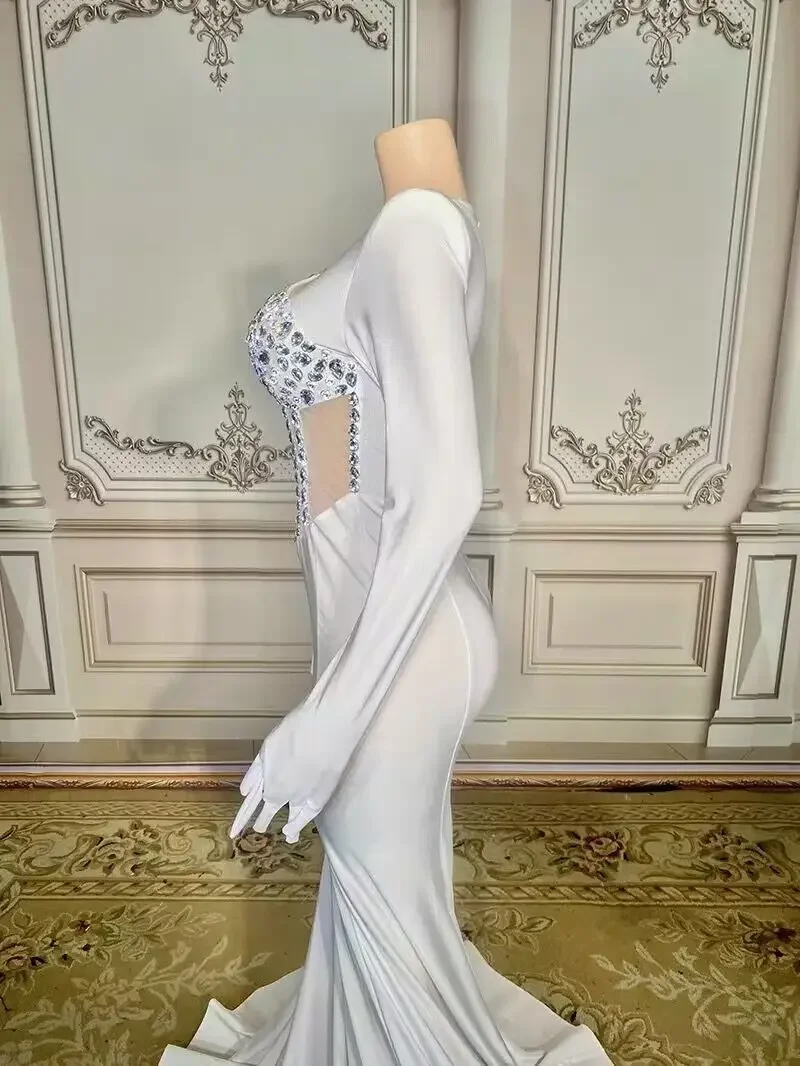 Sparkly Rhinestones White Mermaid Dress with Gloves for Women Elegant Birthday Celebrate Wedding Evening Prom Dresses