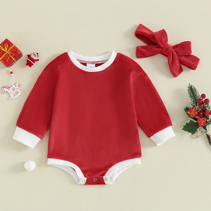 

Baby Girls 2 Piece Outfits Solid Color Christmas Long Sleeve Romper and Cute Headband Set for Toddler Infant