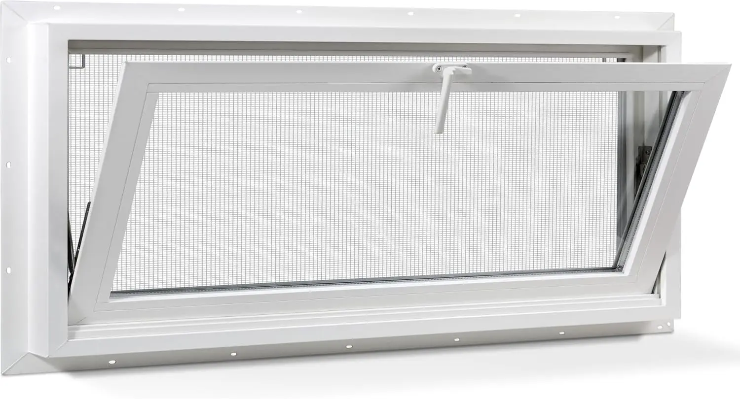 Vinyl Hopper Basement Window 32" x 14" White | Double Pane Insulated Tempered Glass and Fiberglass Mesh Screen Window for Baseme
