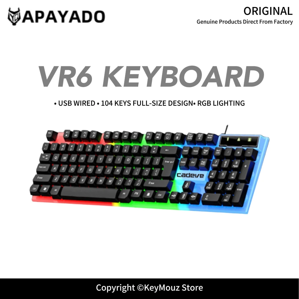 USB Wired Gaming Keyboard APAYADO VR6 Mixed Color Backlight Scroll Lock Toggle 104 Keys Suspension Keycaps 1.45m Cable for PC
