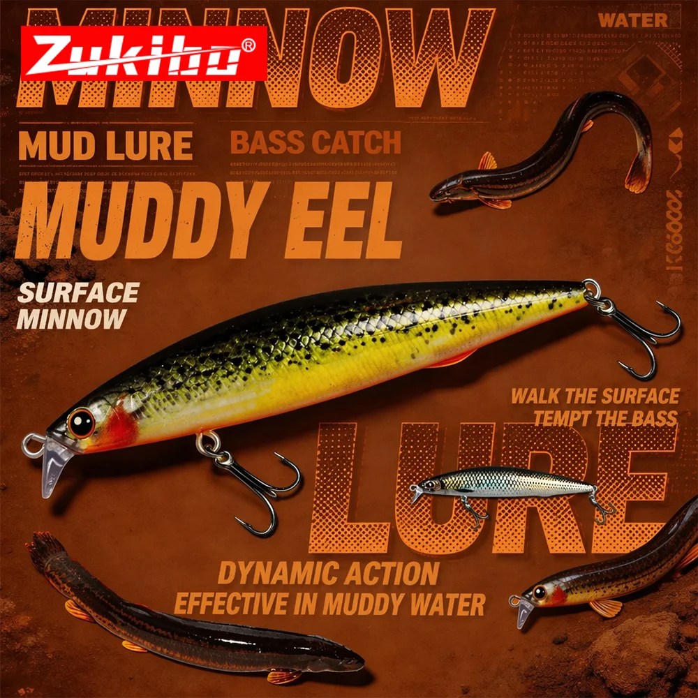 ZUKIBO 3D-beschichteter schwimmender Minnow-Angelköder, flach laufender Hardbait, Oberflächen-Jerkbait für Barsch- und Culter-Angeln