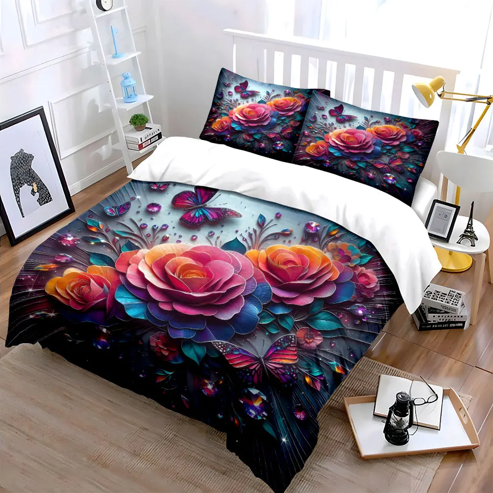 Vibrant roses with dancing butterflies Print Soft Comfortable Duvet Cover Bedding Set Included 1*Duvet Cover 2*Pillowcases